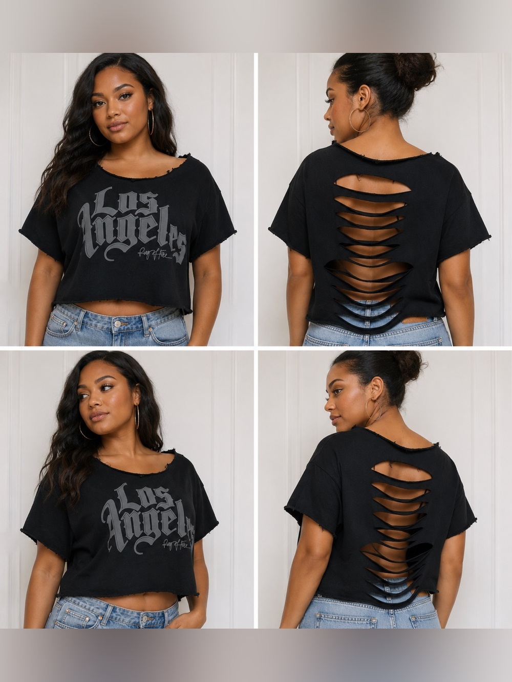 Distressed Los Angeles Graphic Cutout Back Crop Tee - Black size M